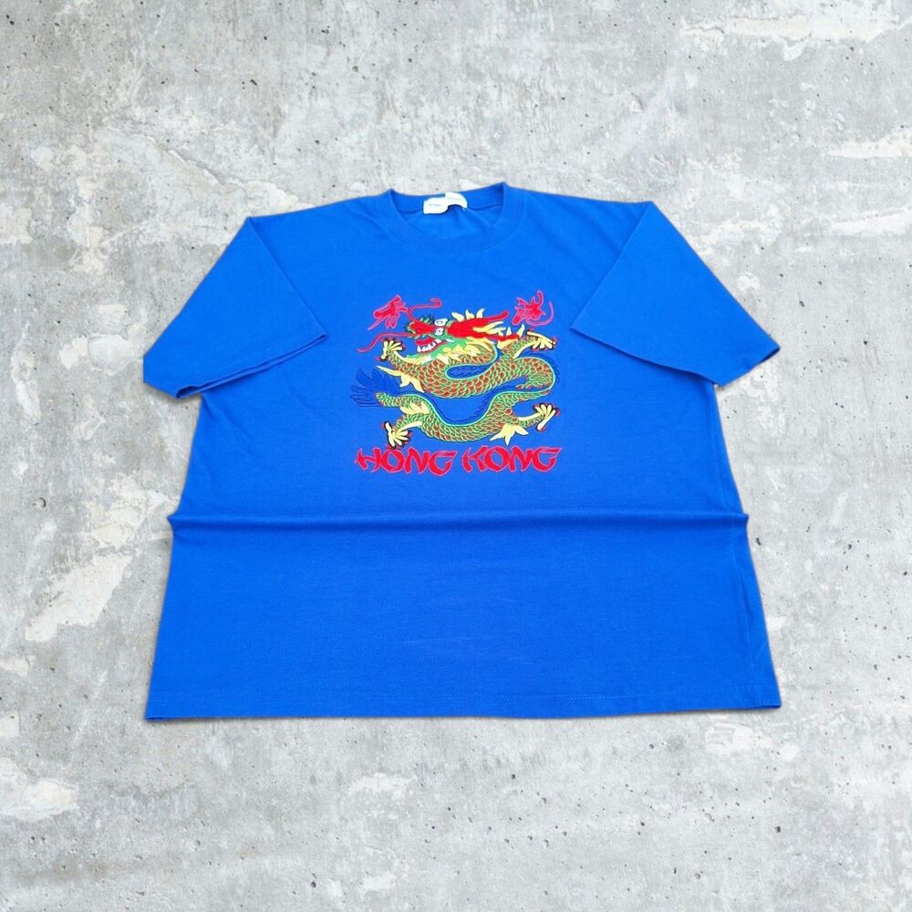 Vintage 90s Blue Hong Kong Full Embroidered Dragon Seuvenear T Shirt